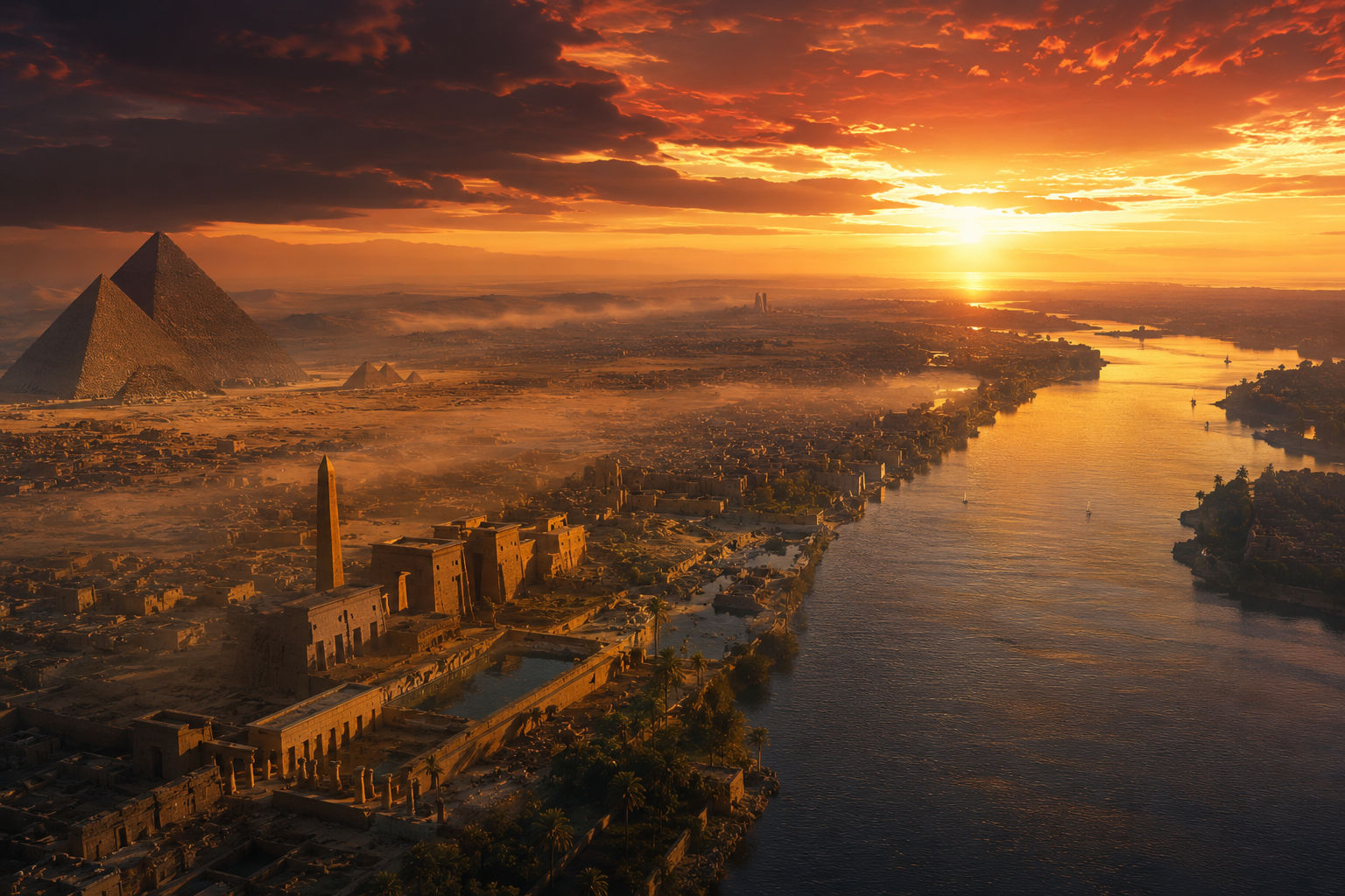 Ancient Egyptian landscape at dawn, the Nile River stretching to the horizon