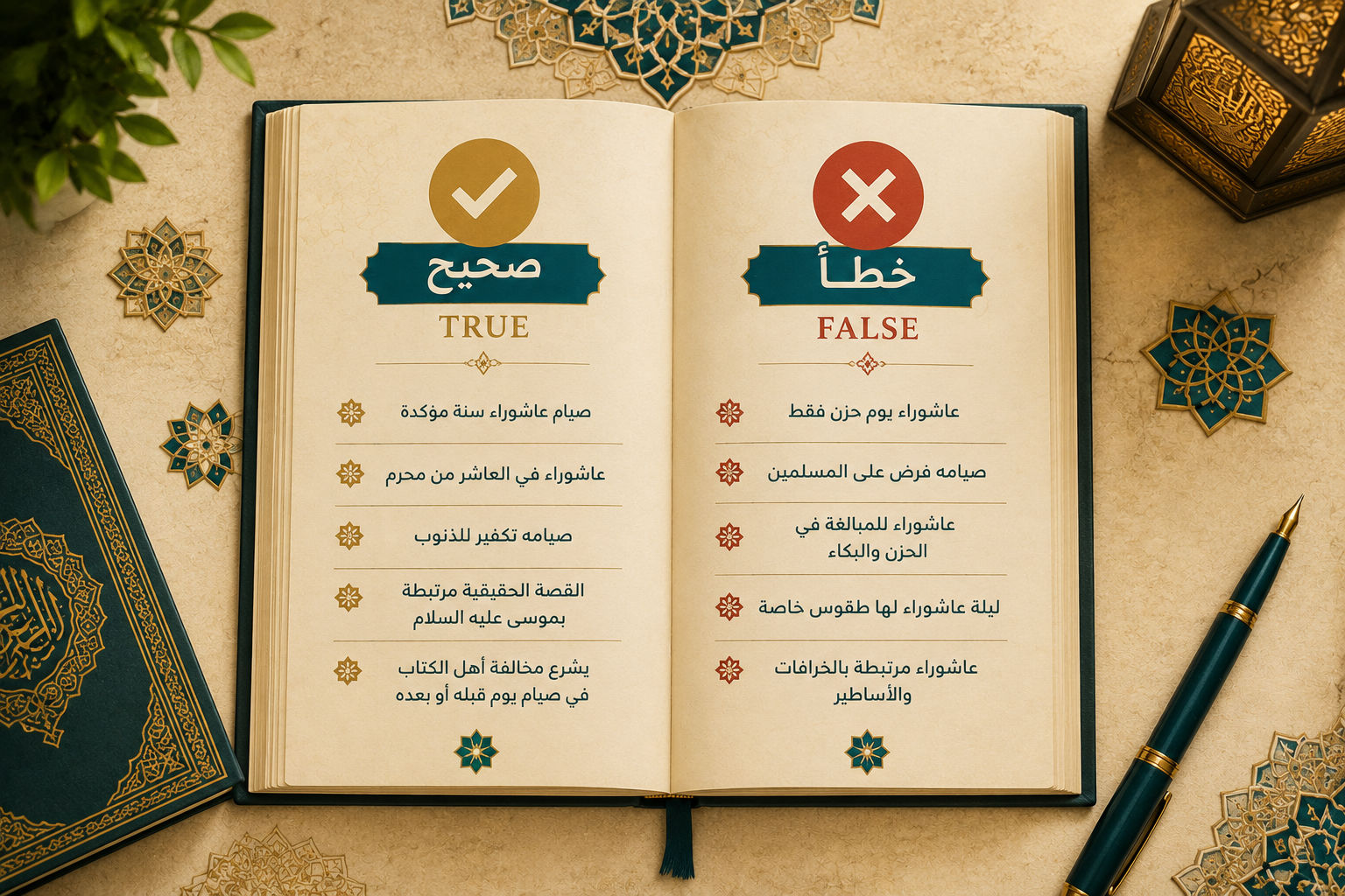 book with two columns — one side with a gold checkmark (صحيح  True) and the other with a red X (خطأ  False)