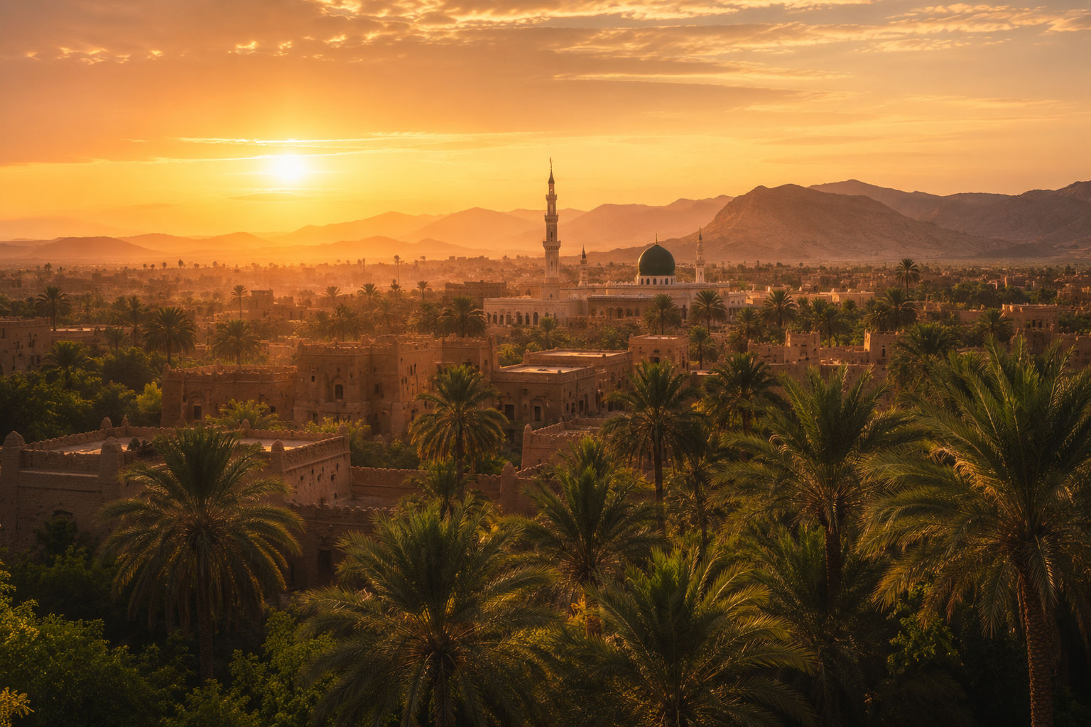 A serene view of Madinah's landscape at sunrise, with palm trees and golden desert, evoking the time of Prophet Muhammad's arrival in Madinah