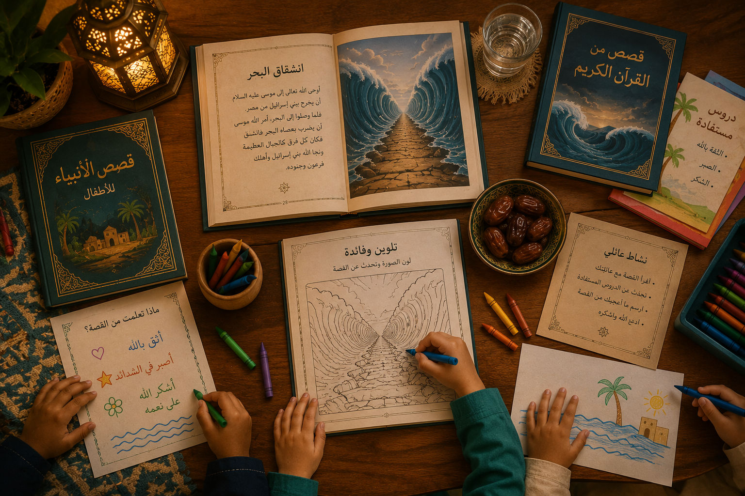Children drawing or crafting at a table with Islamic educational materials about Prophet Musa and the parting of the sea