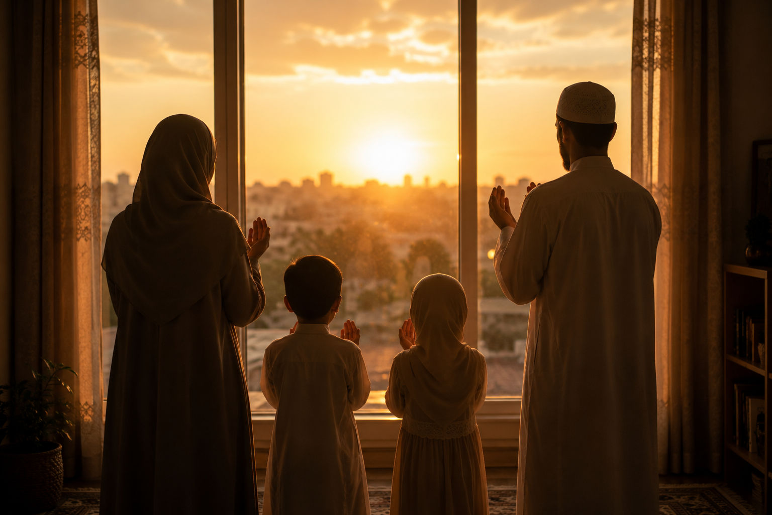 A Muslim family silhouetted against a golden hour window, hands raised in du'a together.