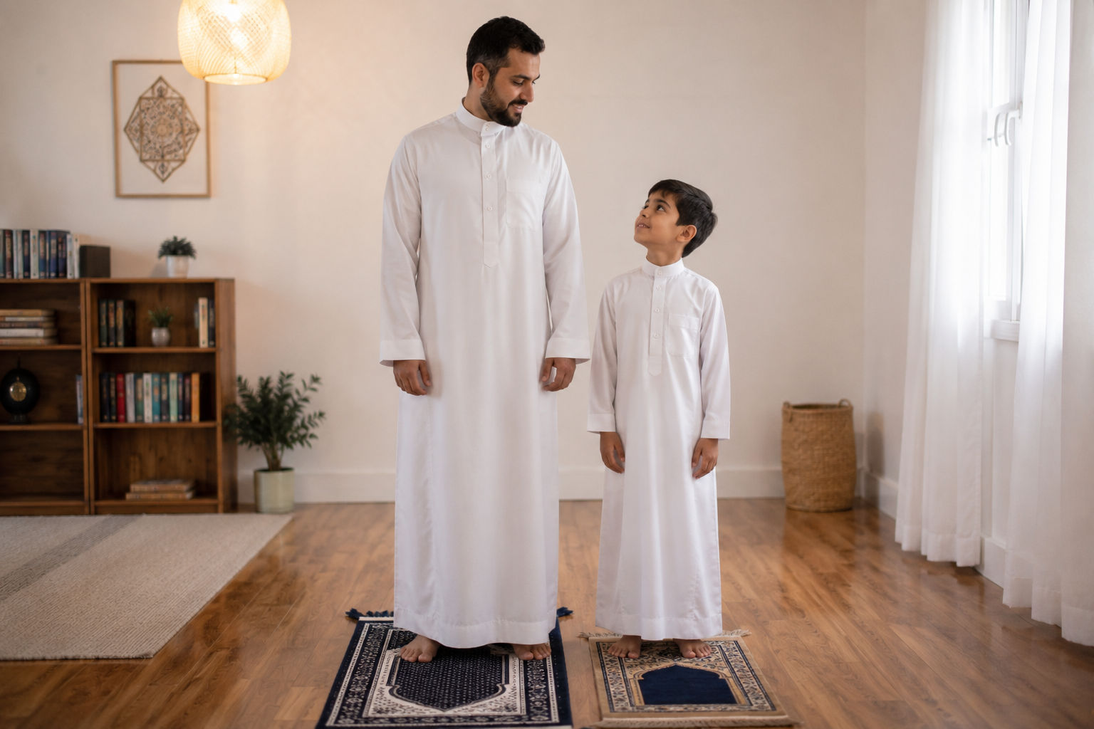 A Muslim father and his young son standing side by side on prayer mats, praying together in a clean home setting.