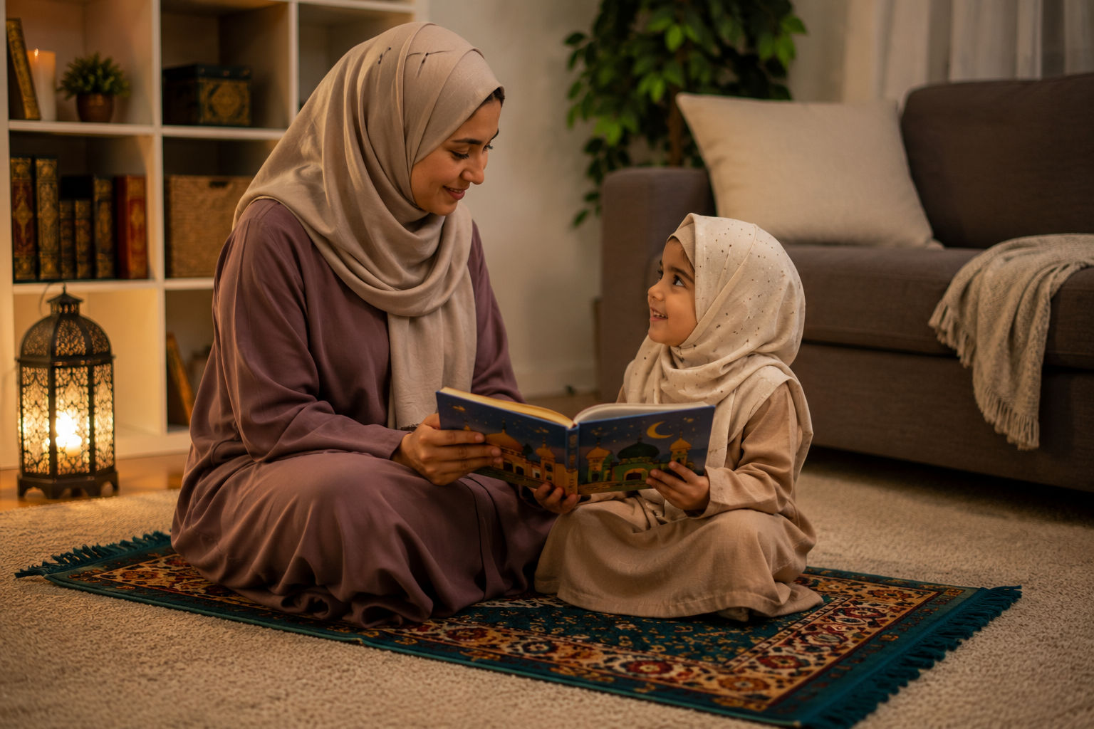 A Muslim mother in hijab reading an Islamic children's book with her young daughter on a prayer mat at home.