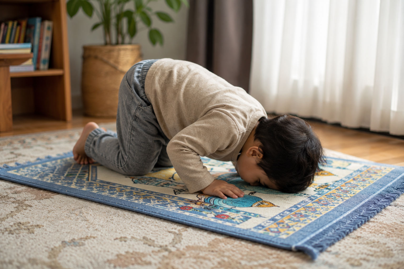 A toddler imitating sujood on a small colorful prayer mat at home, learning Salah through imitation.