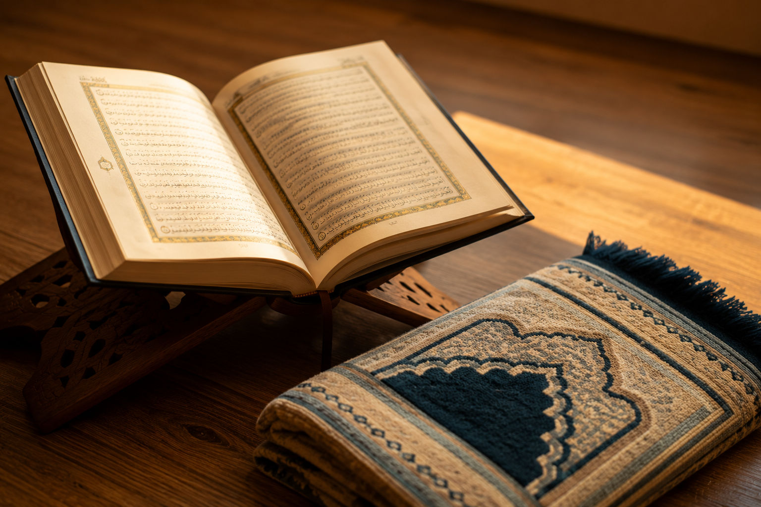 An open Quran beside a small children's prayer mat on a wooden surface in warm natural light.