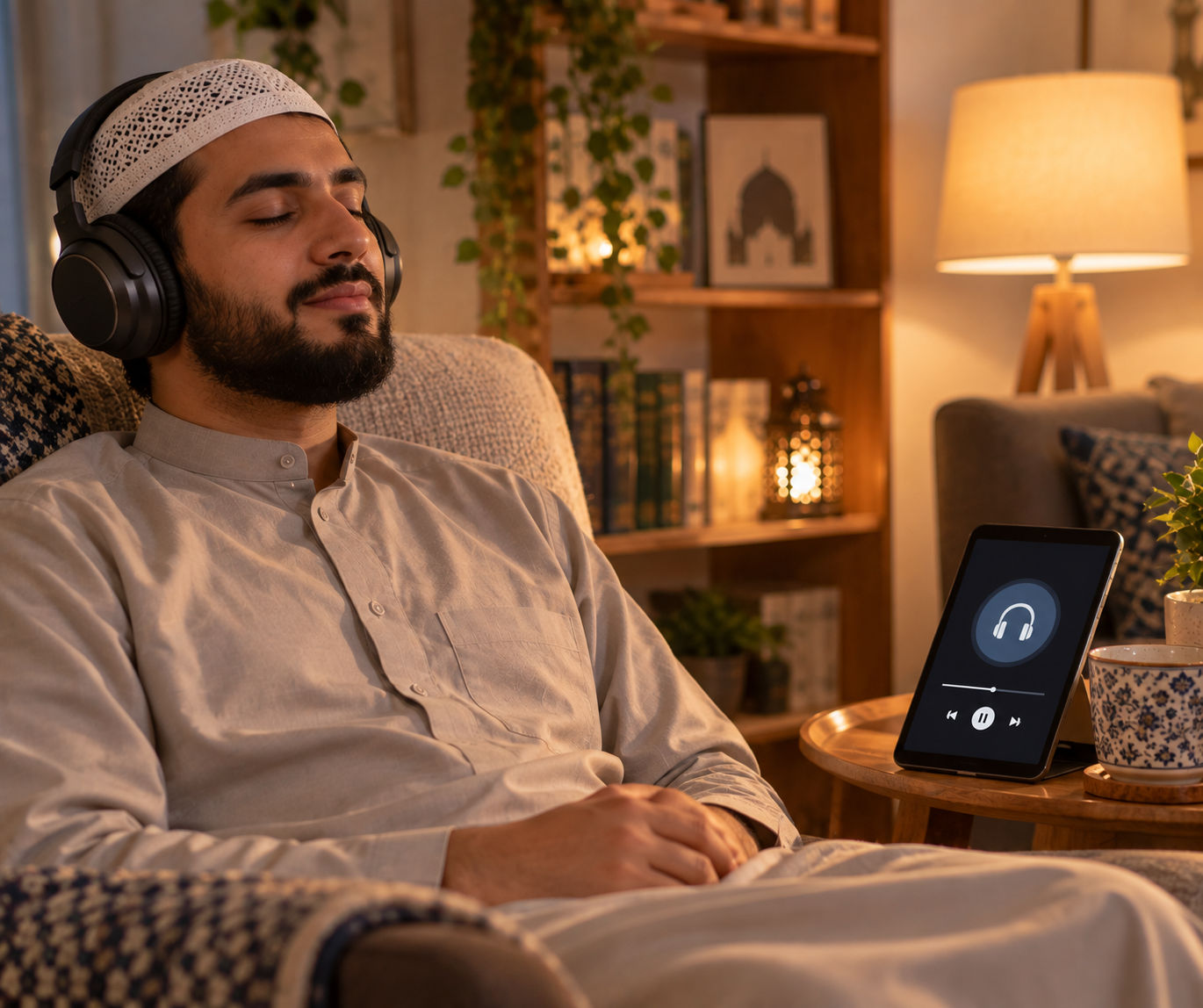 Learner listening to Quran recitation audio through headphones to practice Tajweed
