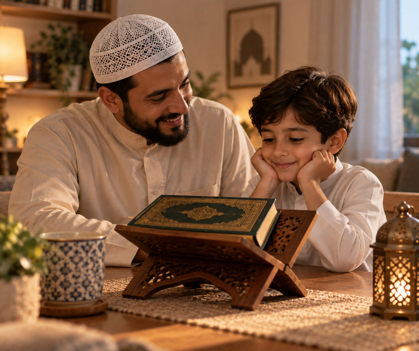 Parent helping child practice Quran recitation and Tajweed at home