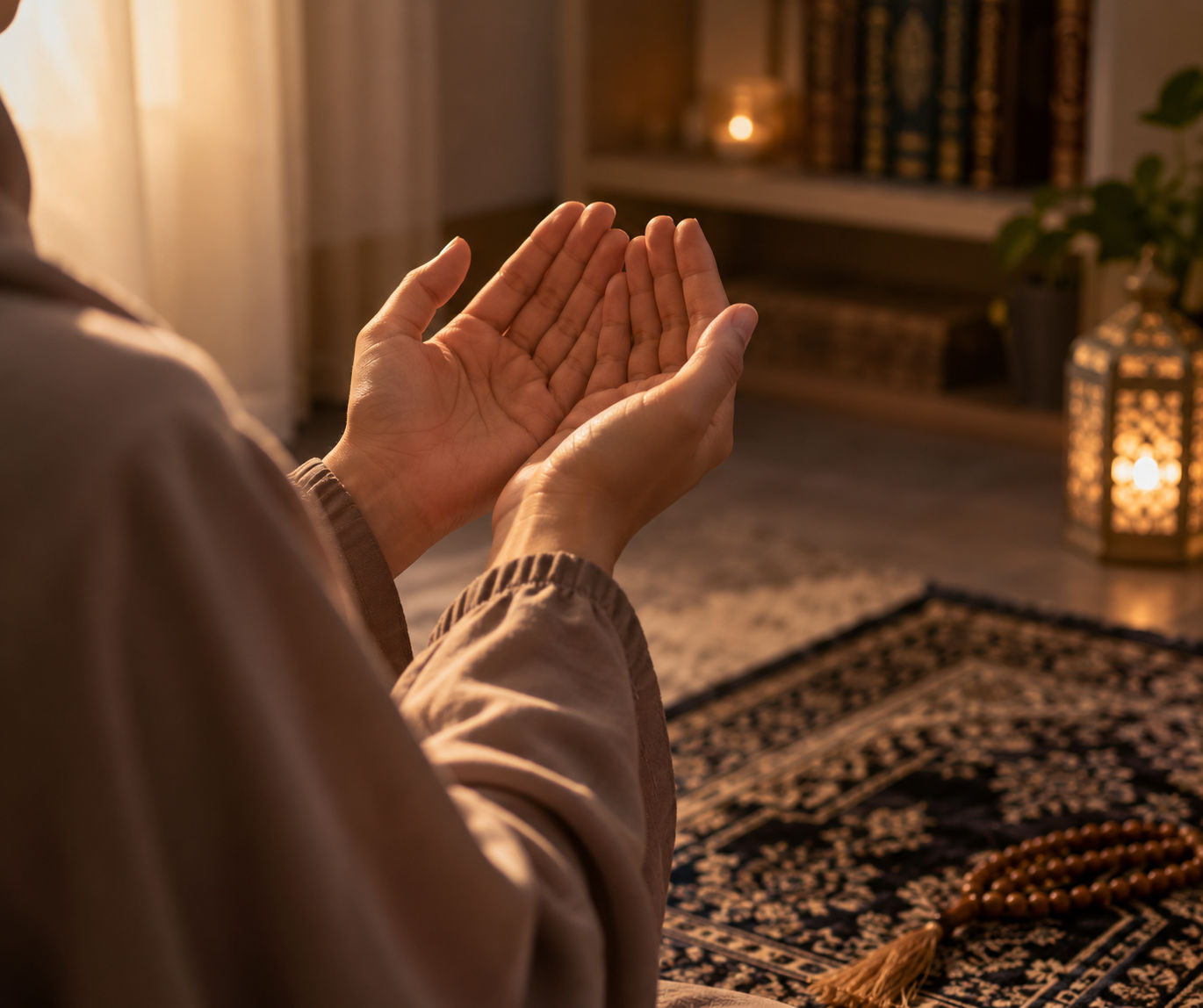 Person making sincere dua with hands raised