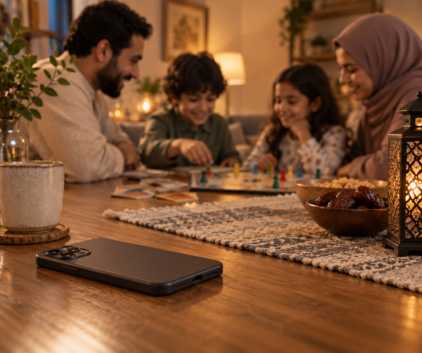 Smartphone set aside on a table while family spends screen free time together