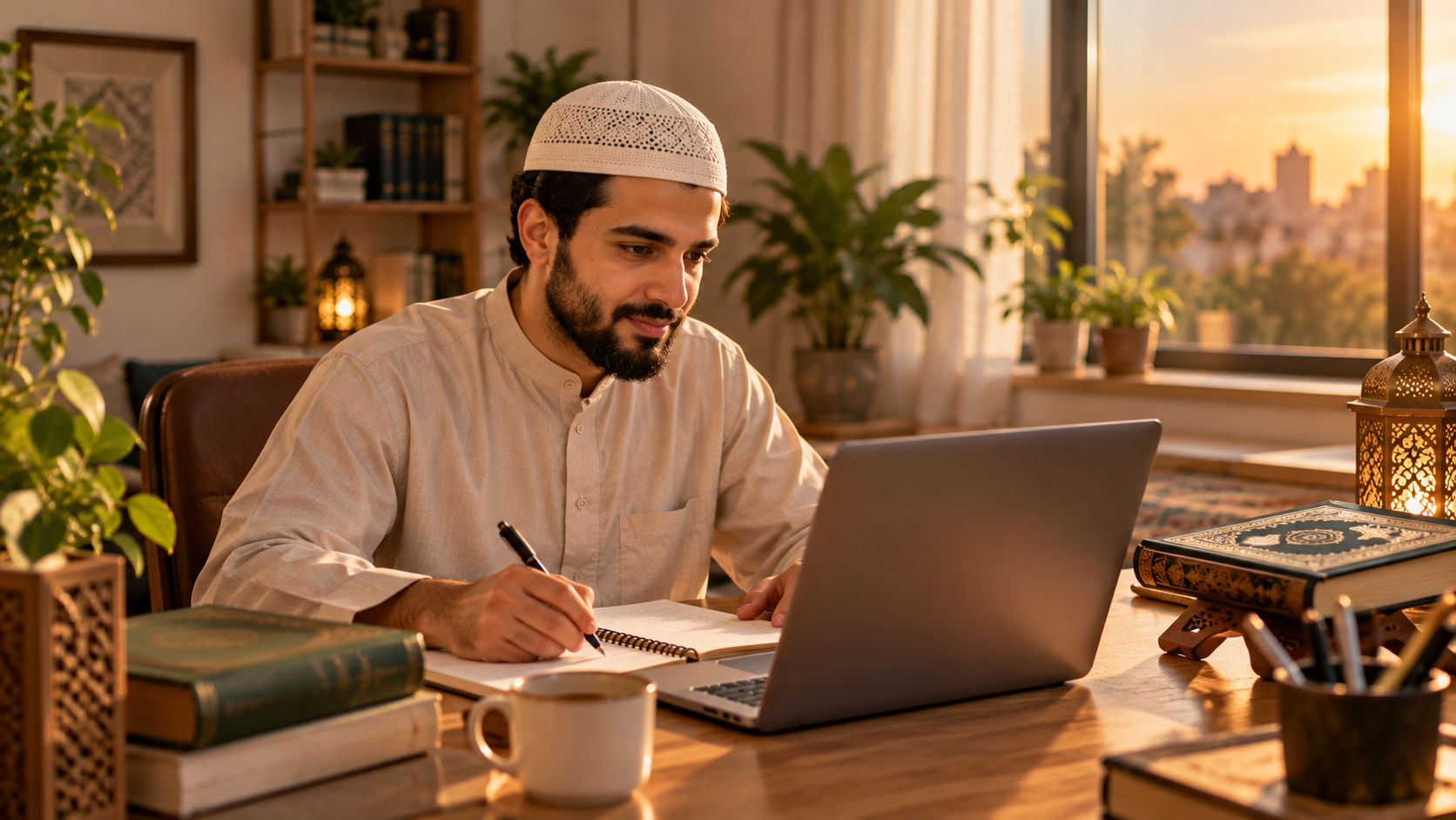 Adult learning Quran online with a laptop at home