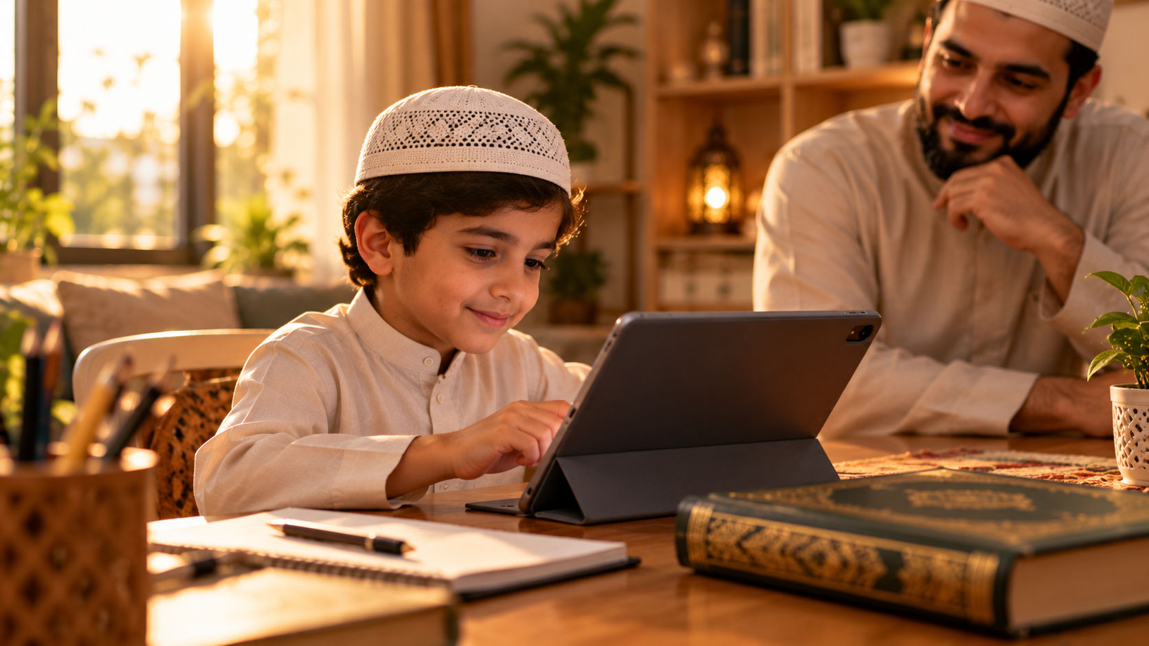 Child attending an online Quran class on a tablet