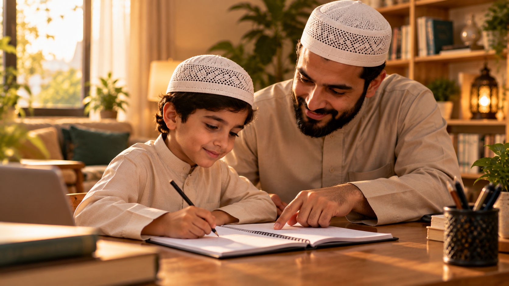 Parent helping child practice Quran reading at hom