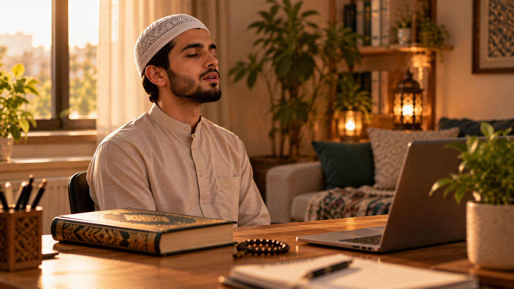 Student practicing Quran memorization at home