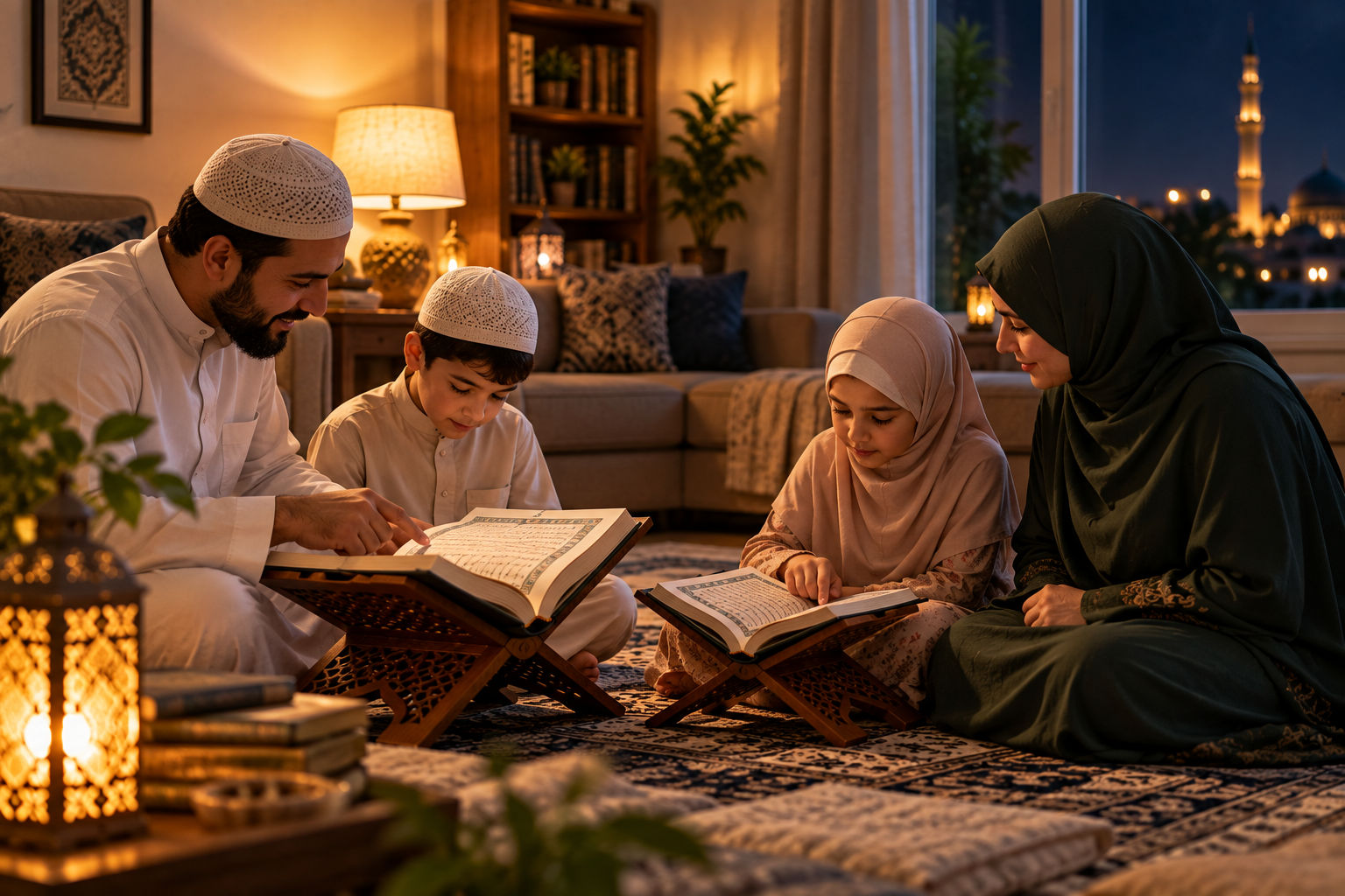 عائلة مسلمة تتلو القرآن في دفء المساء