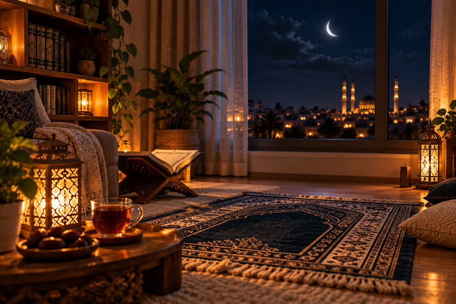 ركن رمضاني دافئ تحت ضوء القمر