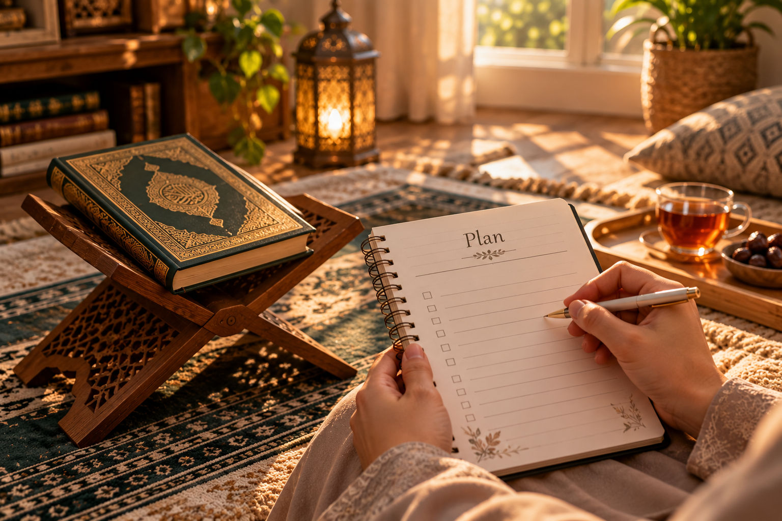 لحظة تخطيط هادئة مع القرآن والشاي