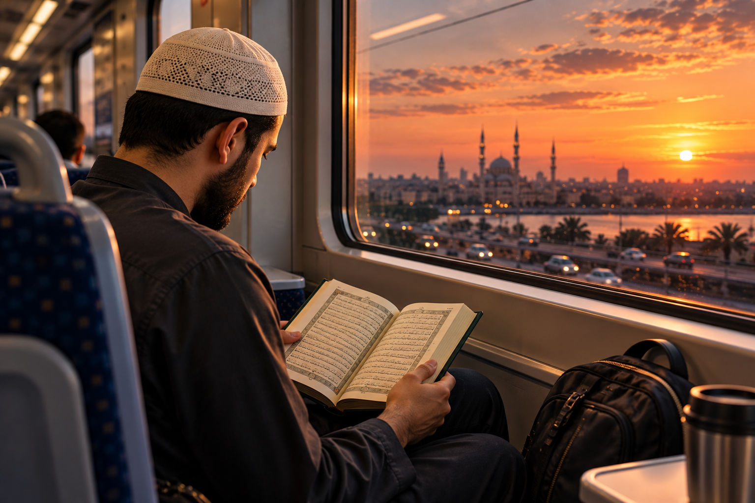 تلاوة هادئة في القطار وقت الغروب