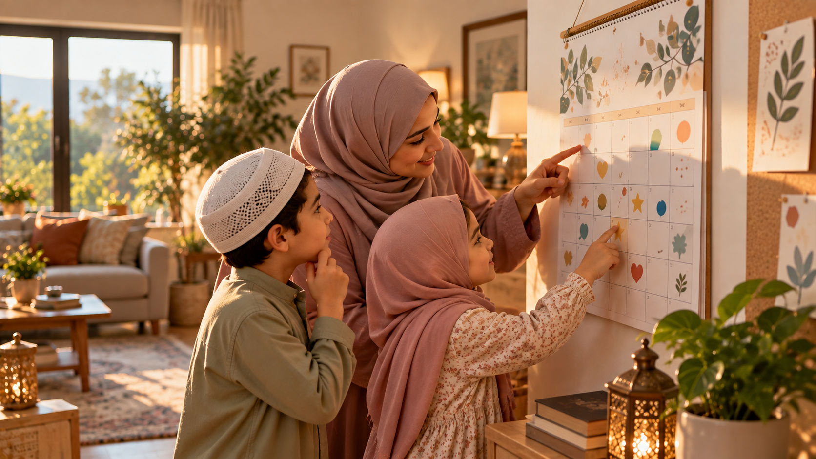 عائلة دافئة تتشارك تقويمًا منزليًا