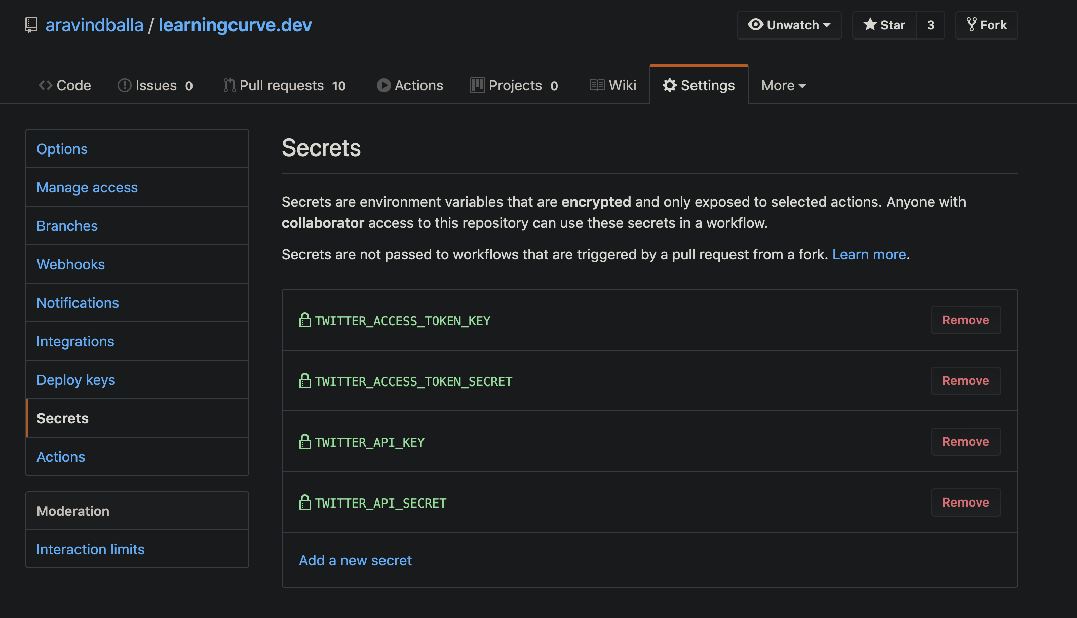 Screenshot of Github Repo settings