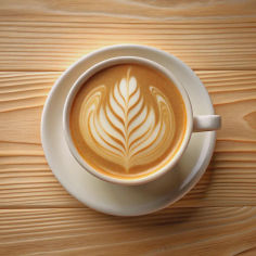 Latte coffee with latte art served in a ceramic cup.