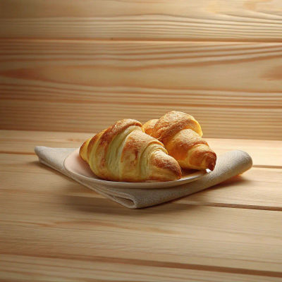 Golden, flaky croissants stacked on a wood in a serving cloth.