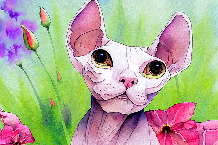 Sphynx cat in flowers painted with watercolor