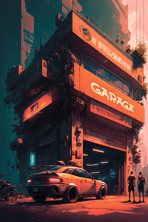 Cyberpunk garage building