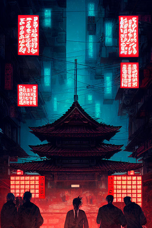Old temple in a cyberpunk city