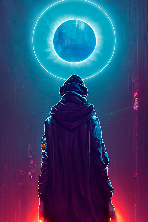 Magician and portal in cyberpunk style