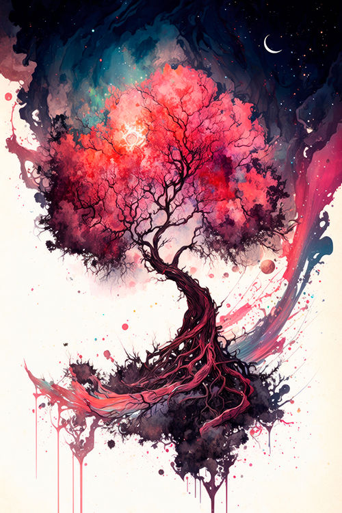 Cosmic red yggdrasil painted by watercolor