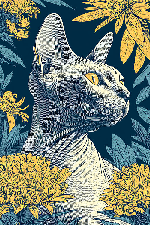 Sphynx Cat with Chrysanthemums