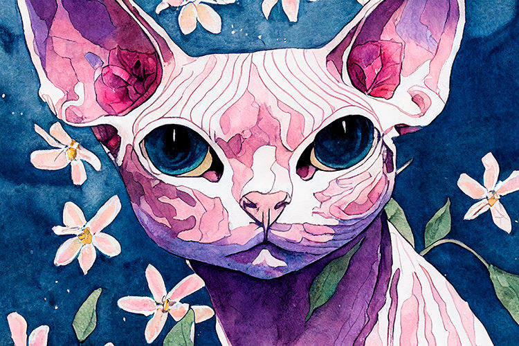 Sphynx Cat In Flowers Painted With Watercolor