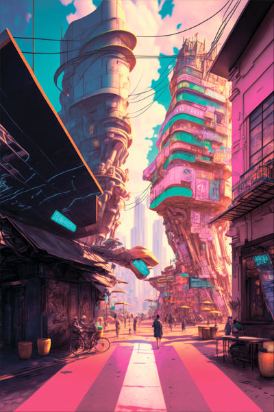 Dawn on cyberpunk street