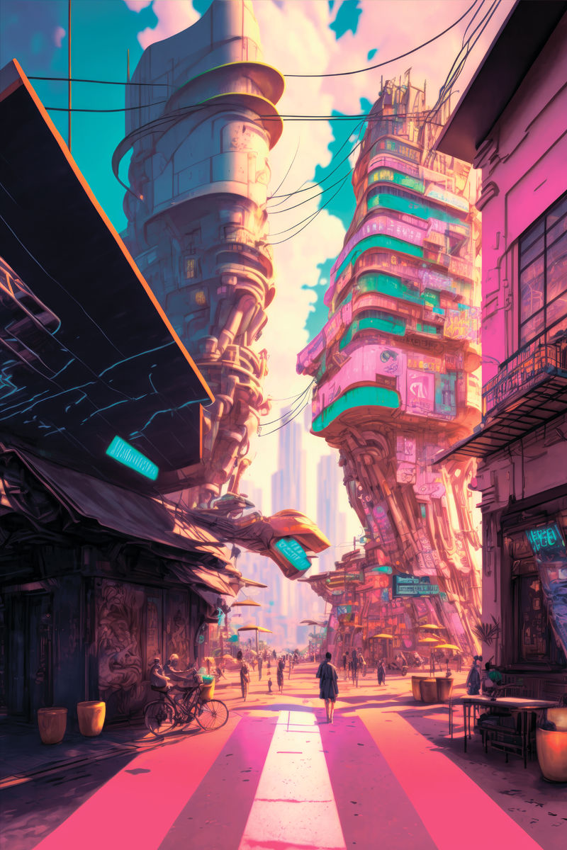 Dawn on cyberpunk street