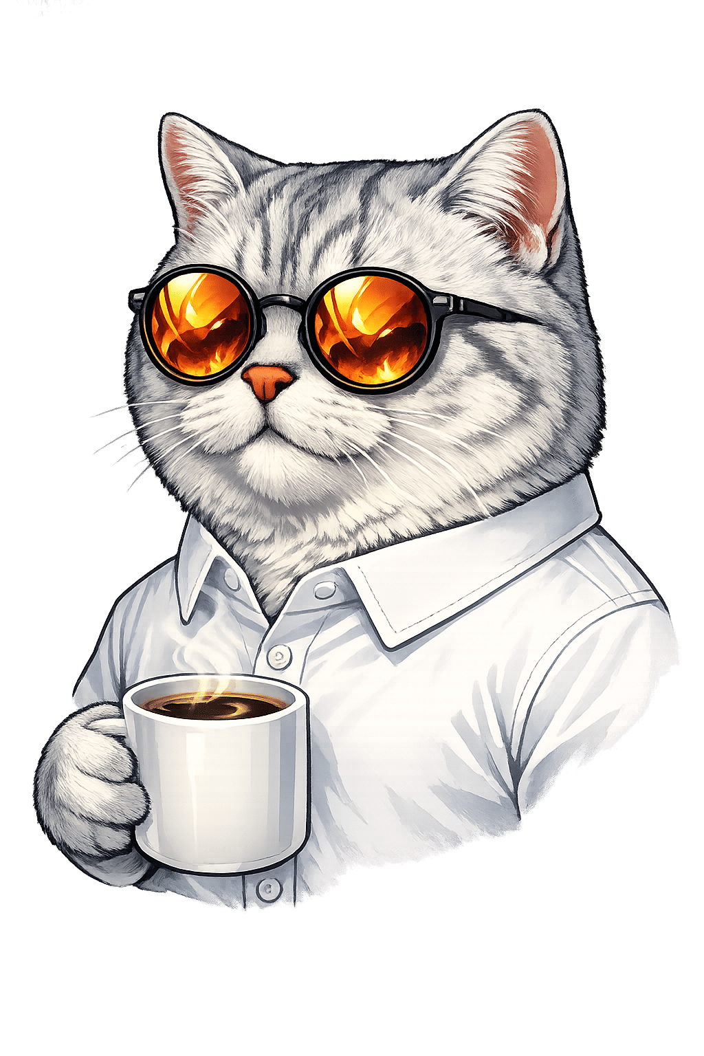 Coffee Break Cat in Fire Glasses