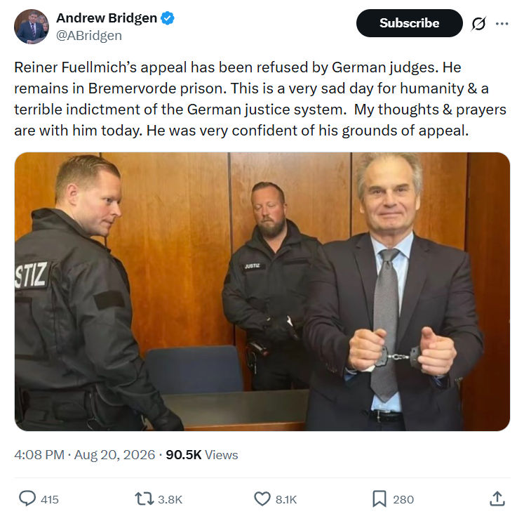 Andrew Bridgen: Reiner Fuellmich’s appeal...