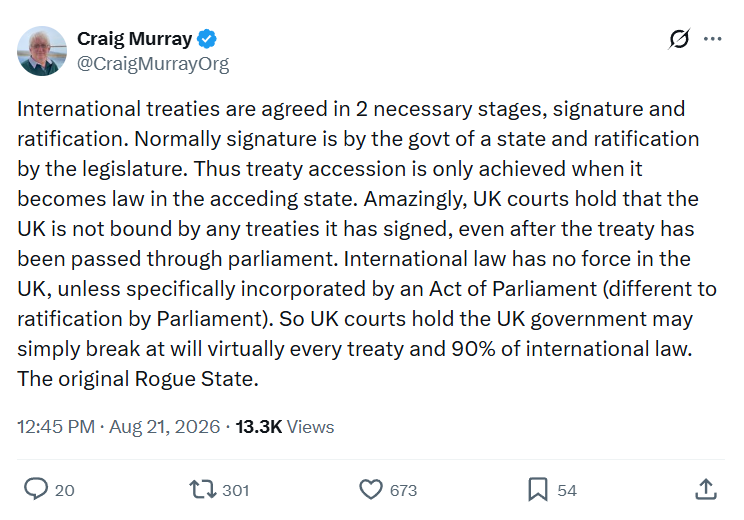 Craig Murray: International treaties are agreed...