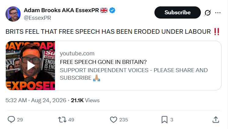 Adam Brooks: BRITS FEEL THAT FREE SPEECH...