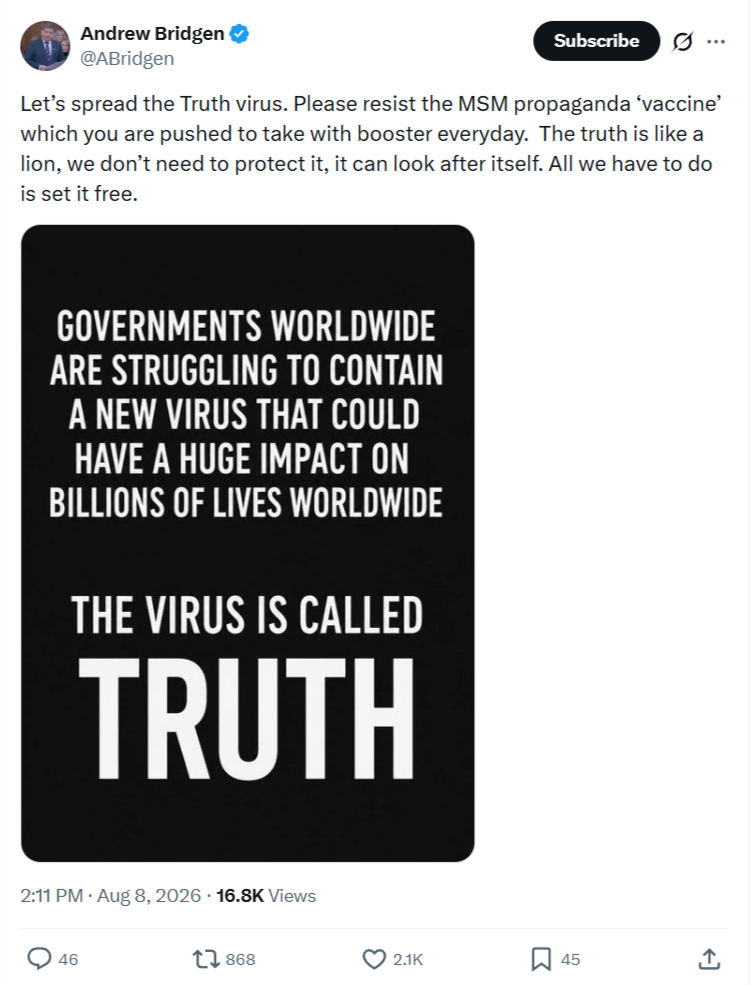Andrew Bridgen: Let’s spread the Truth virus...