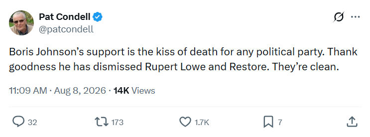 Pat Condell: Boris Johnson’s support is the kiss...