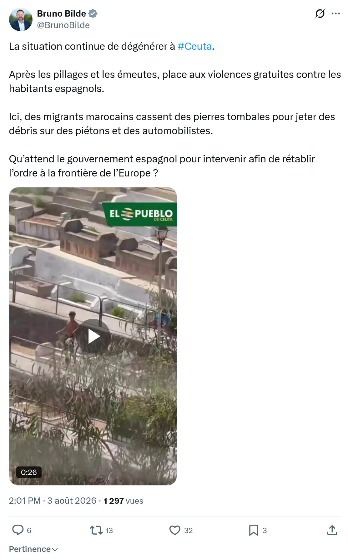 Bruno Bilde: La situation continue de dégénérer à #Ceuta...