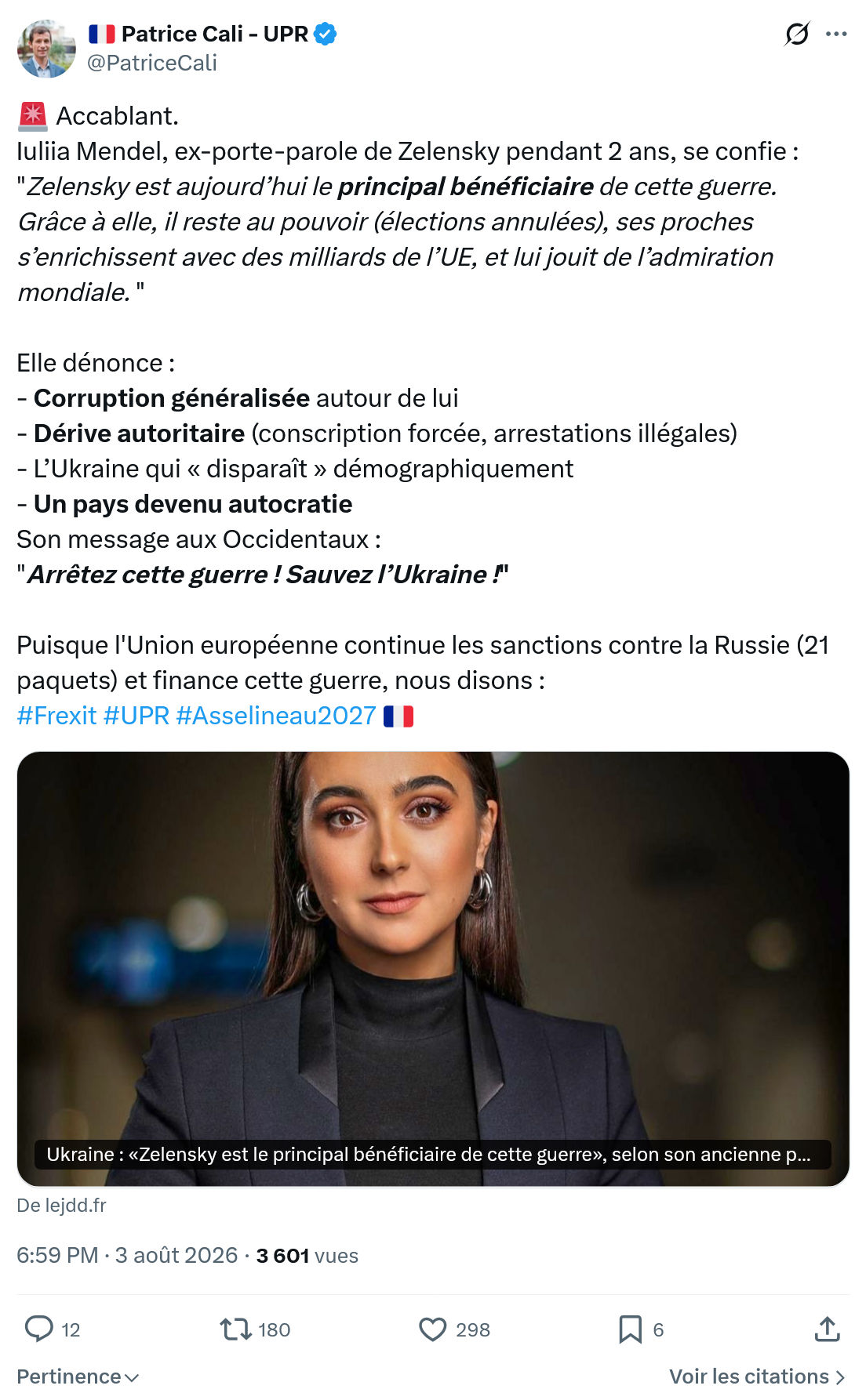 Patrice Cali: Iuliia Mendel, ex-porte-parole de Zelensky...