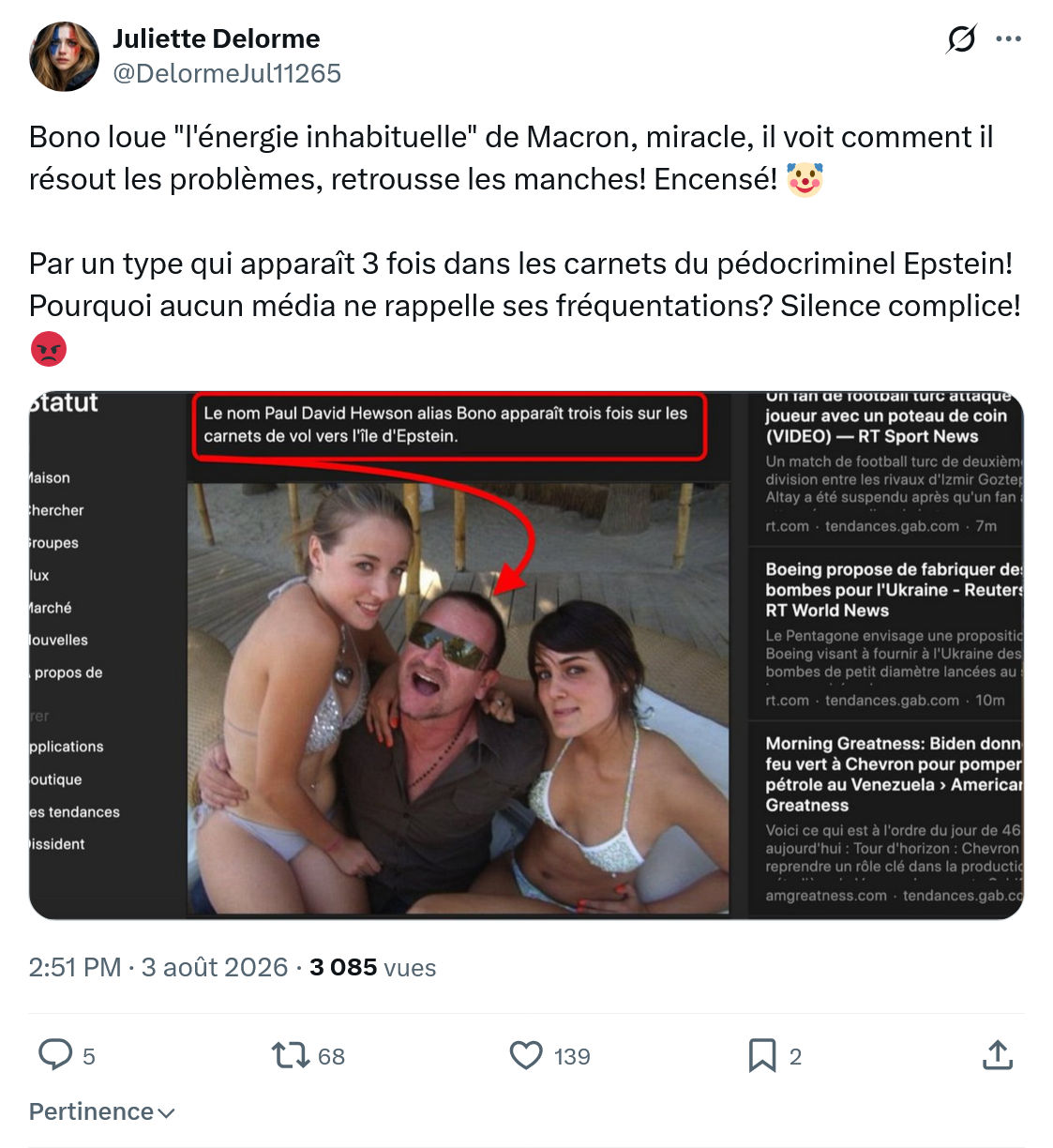 Juliette Delorme: Bono loue "l'énergie inhabituelle" de Macron...