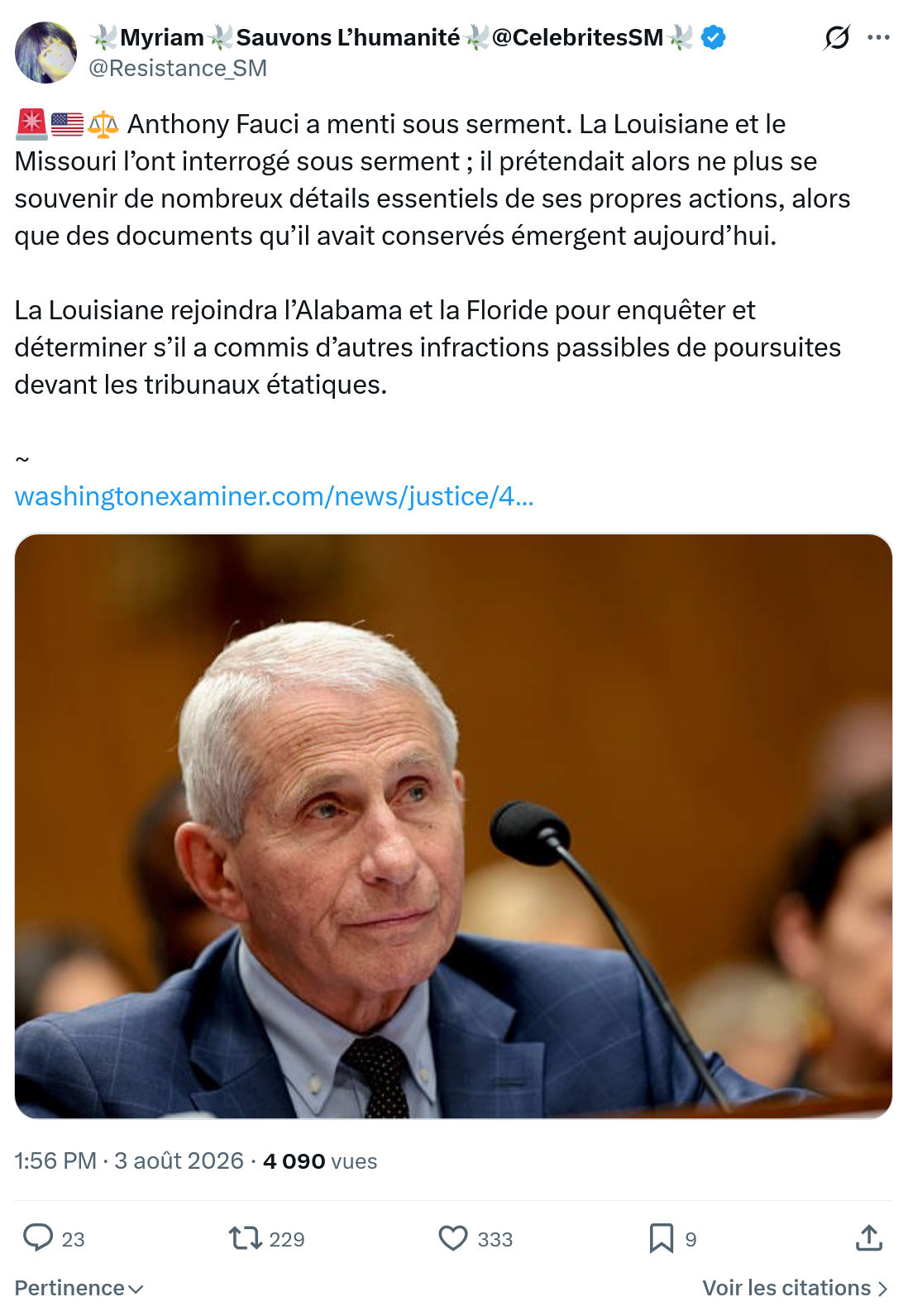 Myriam: Anthony Fauci a menti sous serment...