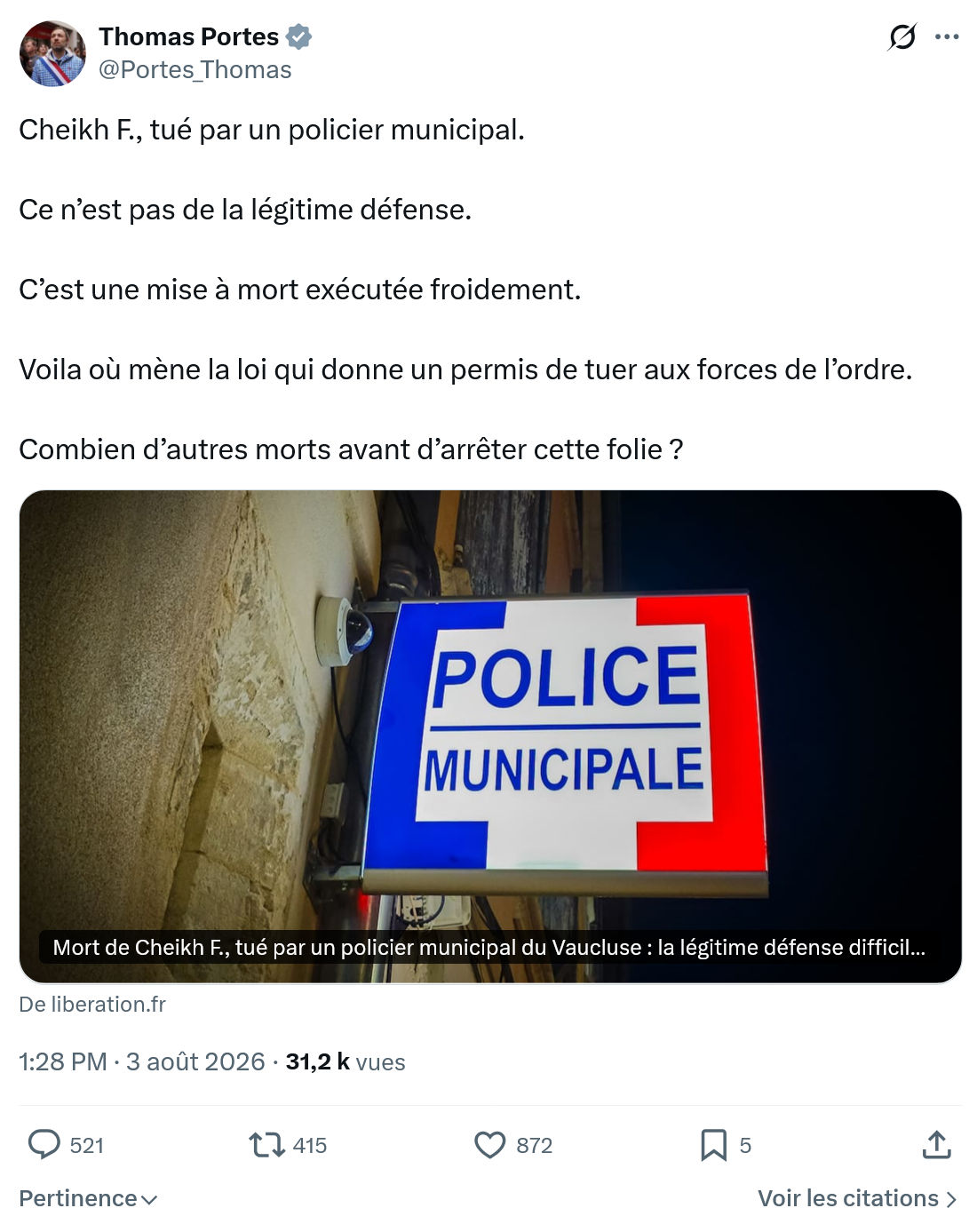 Thomas Portes: Cheikh F., tué par un policier municipal...