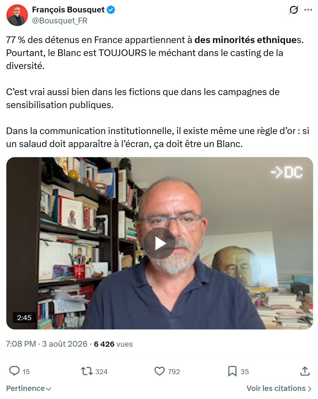 François Bousquet: 77 % des détenus en France appartiennent...