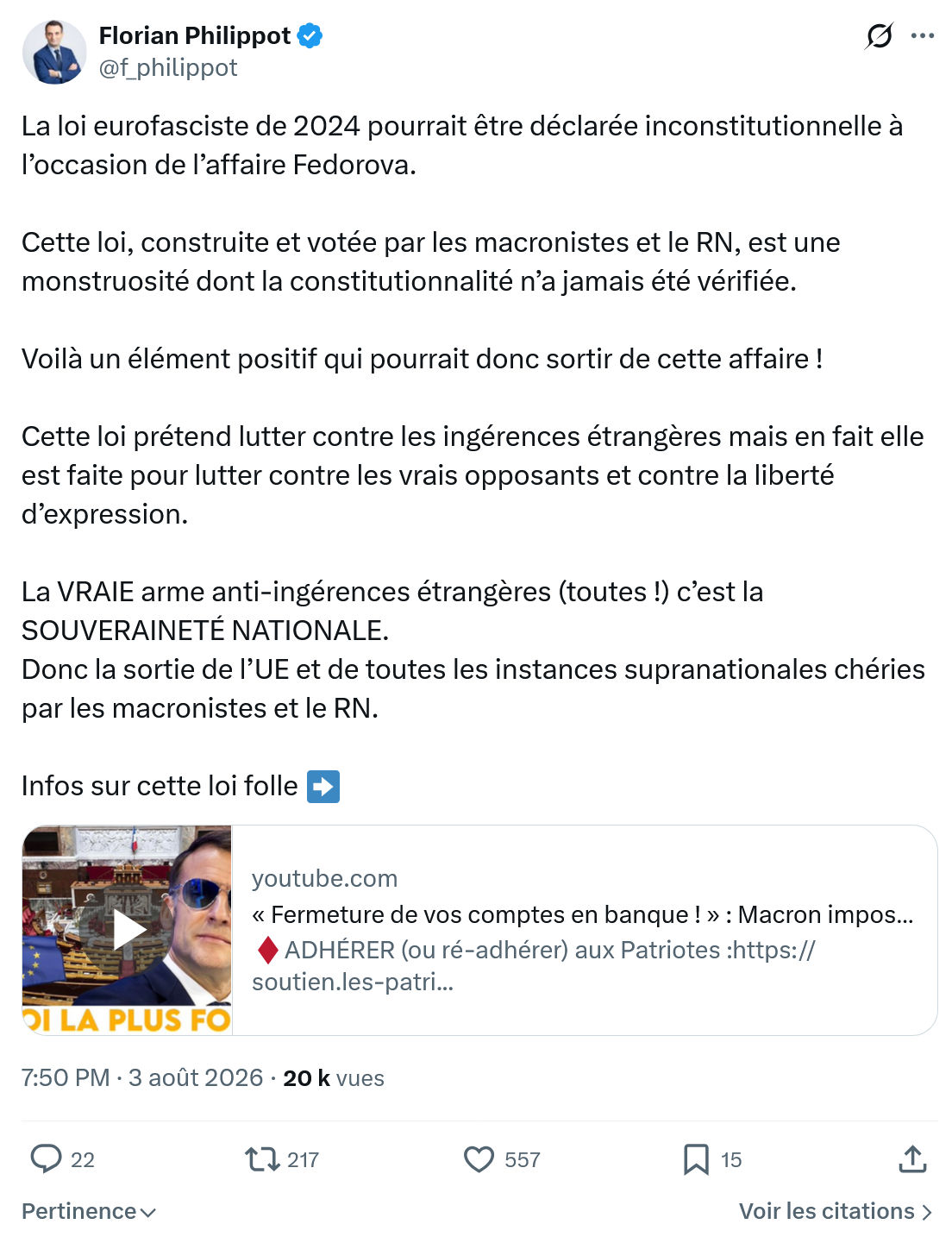 Florian Philippot: La loi eurofasciste de 2024...