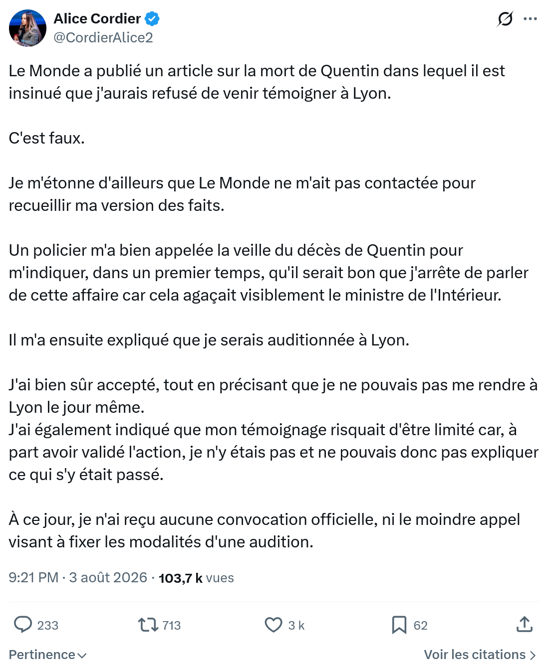 Alice Cordier: Le Monde a publié un article...