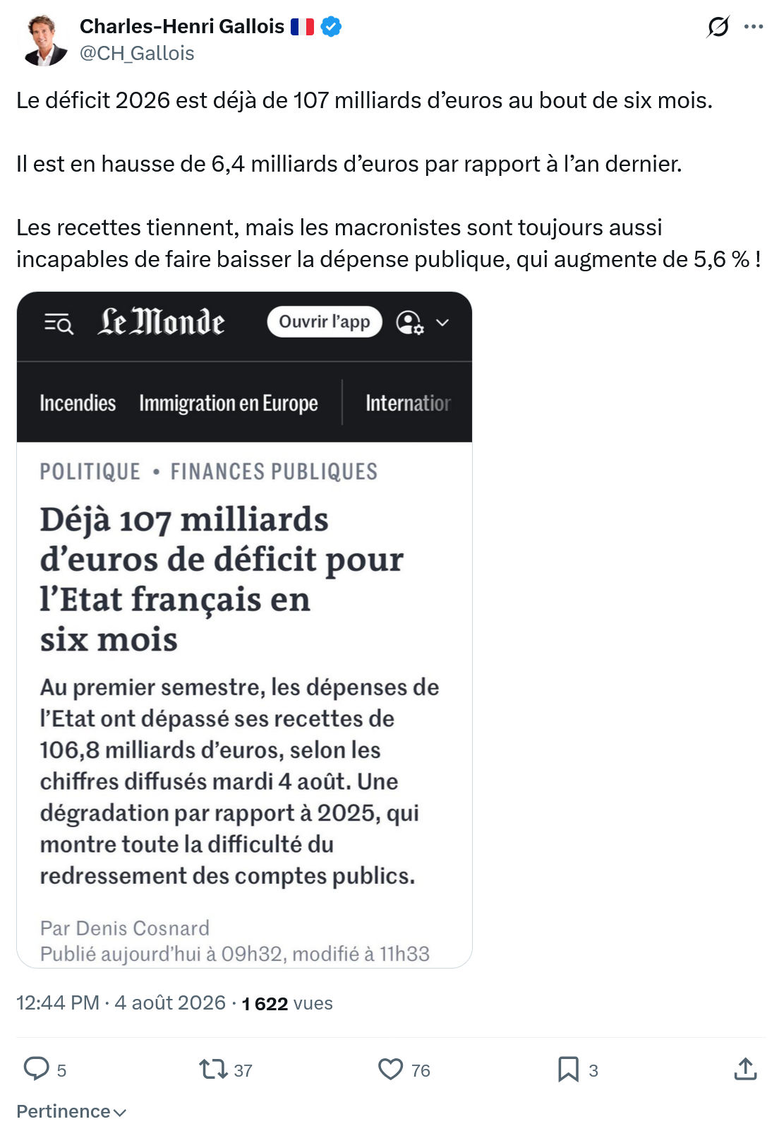 Charles-Henri Gallois: Le déficit 2026 est déjà...