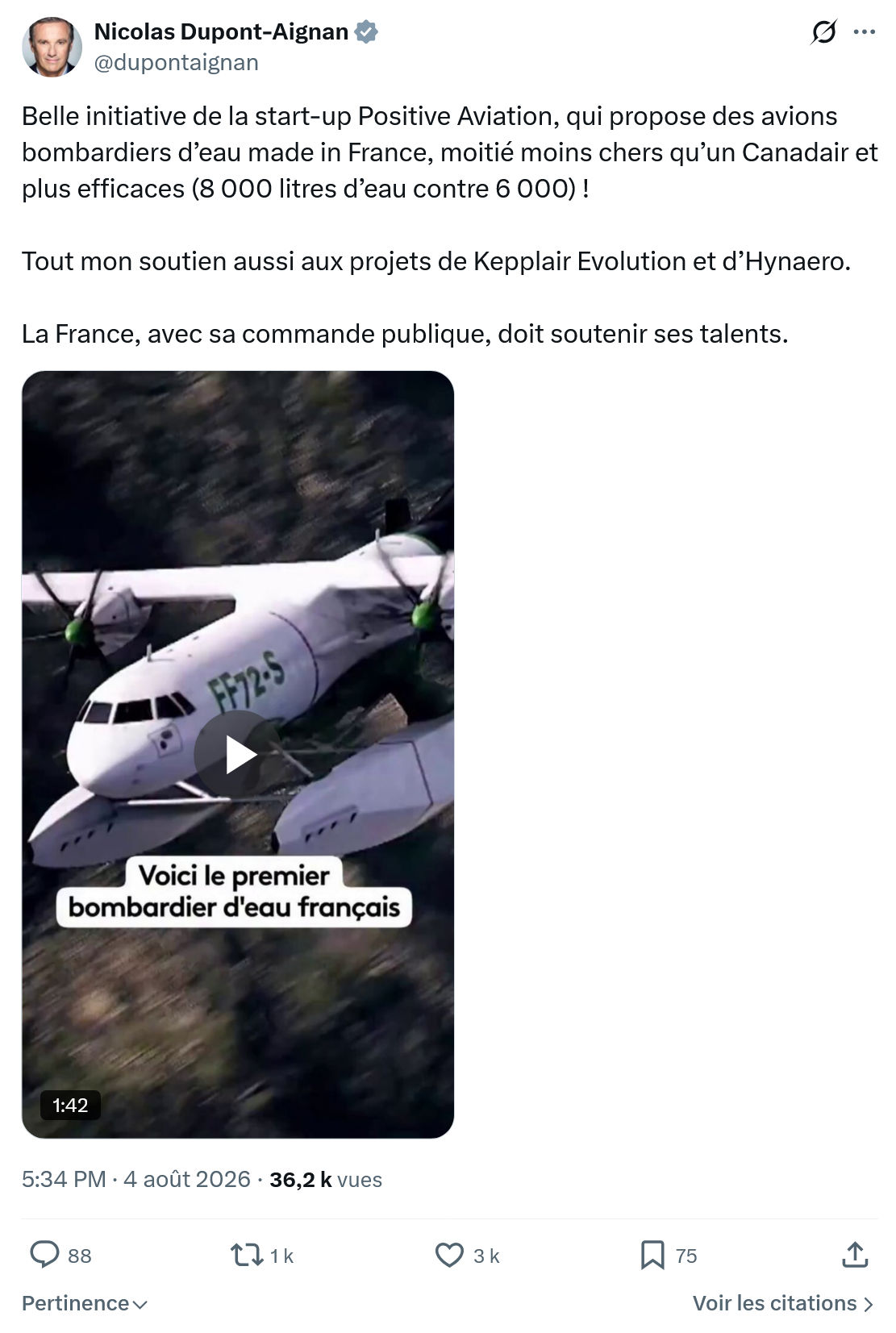 Nicolas Dupont-Aignan: Belle initiative de la start-up Positive Aviation...
